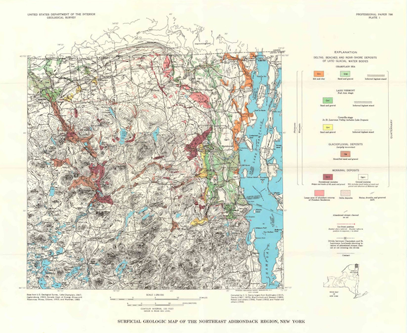 Denny, C.S., 1974, Pleistocene geology of the northeast Adirondack region, New York: U.S. Geological Survey, Professional Paper PP-786, scale 1:250,000 Plate 1: Surficial geologic map of the northeast Adirondack region, New York Surficial geologic map of the northeast Adirondack region