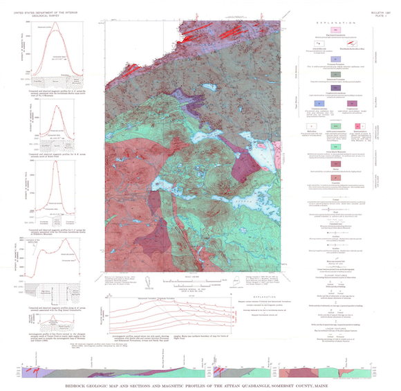 Albee, A.L., Boudette, E.L., and Allingham, T.W., 1972, Geology of the Attean quadrangle, Somerset County, Maine, with a section on geologic interpretation of the aeromagnetic map: U.S. Geological Survey, Bulletin B-1297, scale 1:62,500 Plate 1: Bedrock geologic map and sections and magnetic profiles of the Attean quadrangle, Somerset County, Maine Geology of the Attean quadrangle